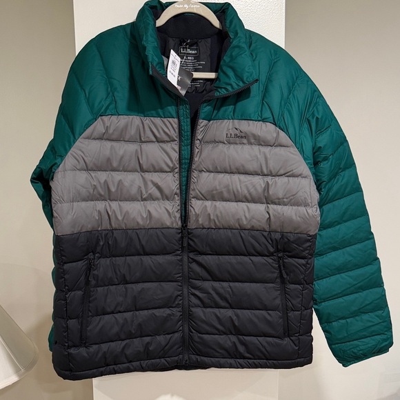 L.L. Bean Men’s XL Regular Colorblock Puffer Jacket Green Gray Black NWT
